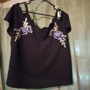 Off the Shoulder, Spaghetti Strap Top with Purple Embroidery near Cap sleeves.